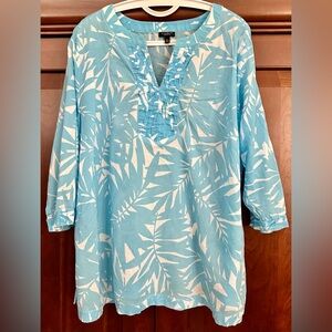 Talbots White and Blue 3/4 Sleeve Cotton Tunic